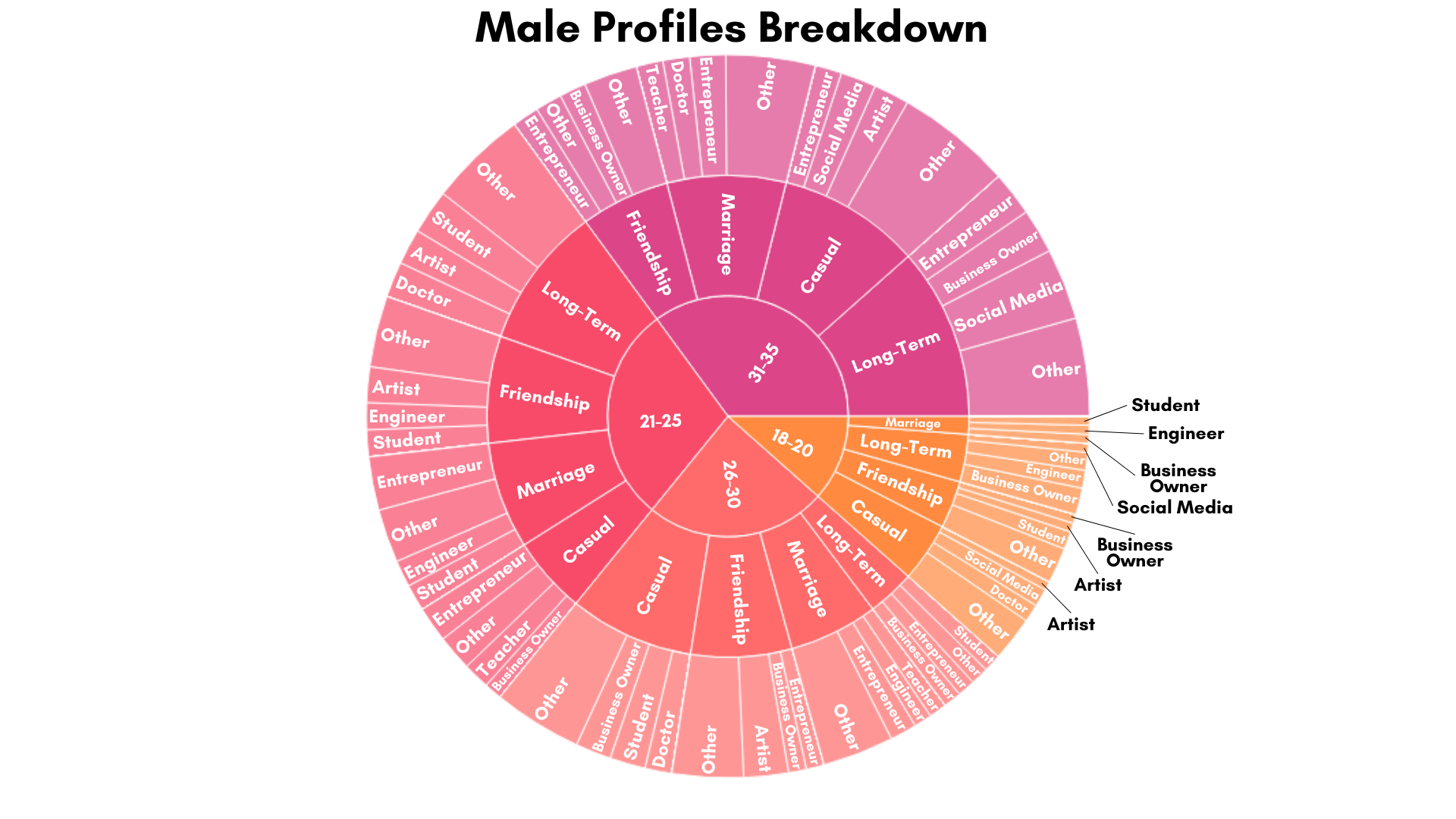 Demographic breakdown of male dating-app profiles by age, relationship goal, and occupation