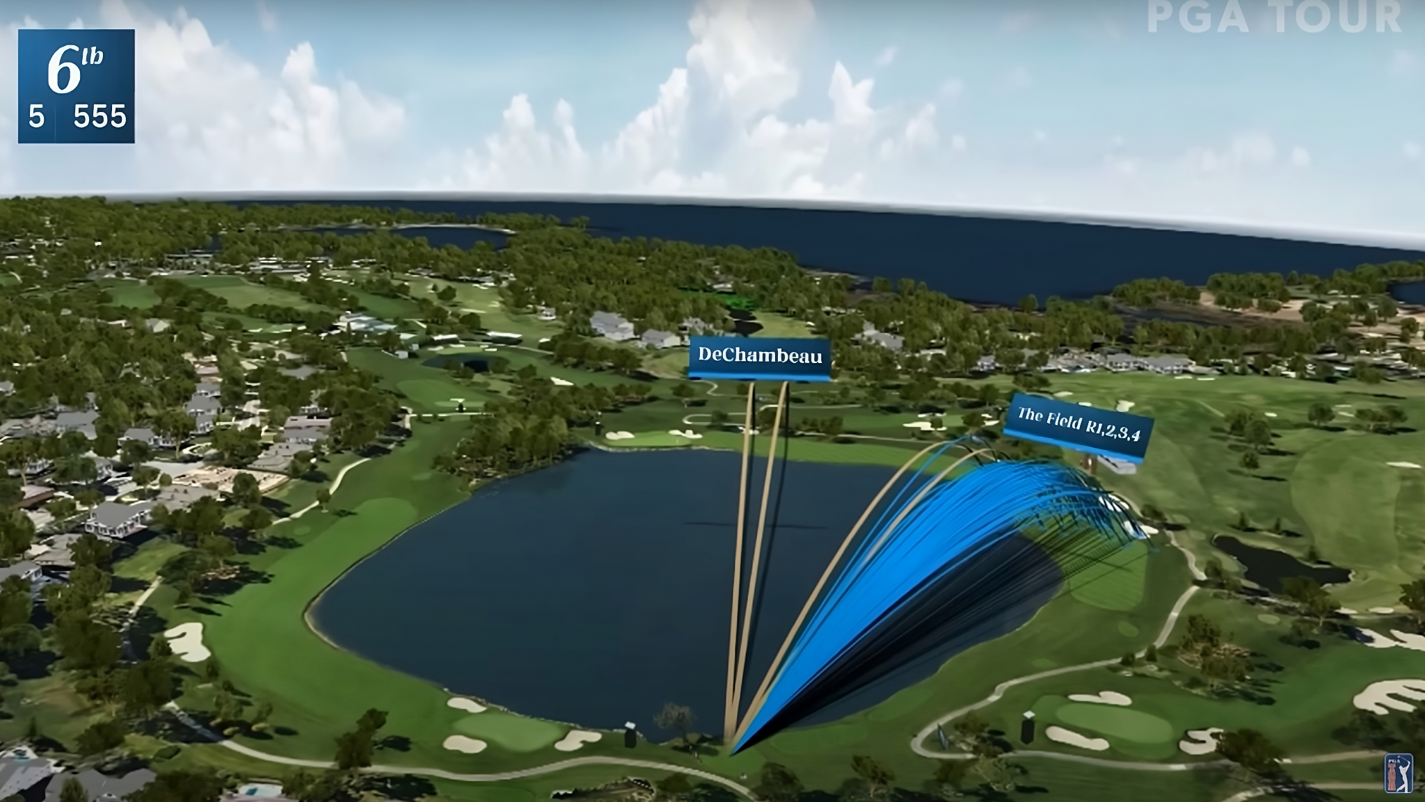 Aerial view of the water carry on the par-five sixth hole at Bay Hill Club and Lodge